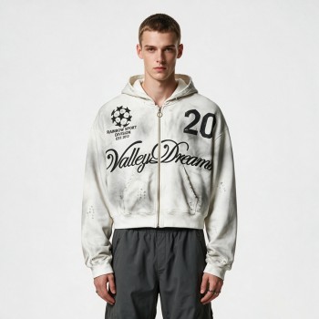 Washed Spray Dye Screen Print Zip Up Distress Hoodie | Vintage Faded Ripped Cropped Design | OEM Streetwear