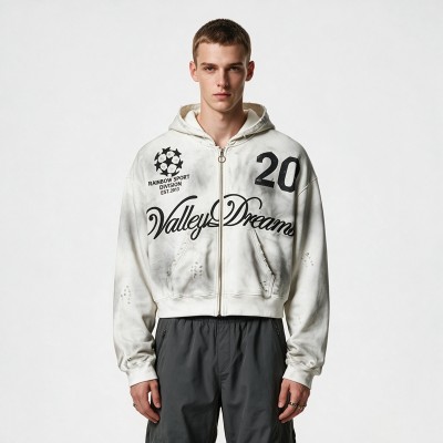 Washed Spray Dye Screen Print Zip Up Distress Hoodie | Vintage Faded Ripped Cropped Design | OEM Streetwear