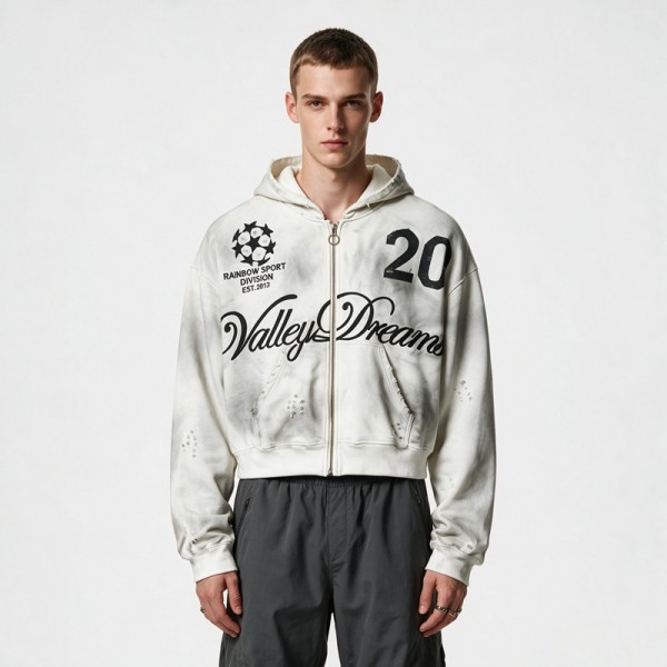 Washed Spray Dye Screen Print Zip Up Distress Hoodie | Vintage Faded Ripped Cropped Design | OEM Streetwear