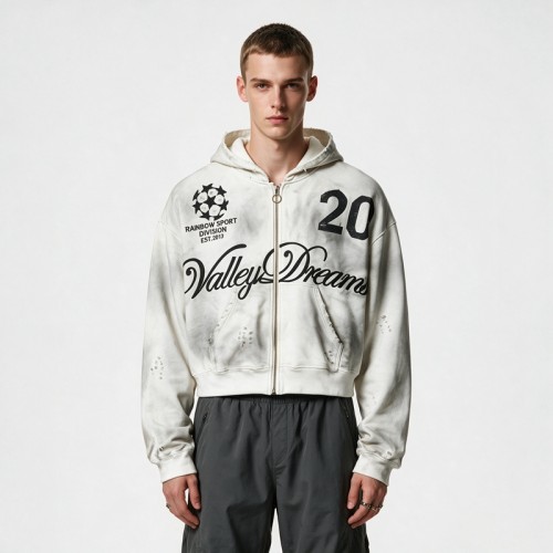 Washed Spray Dye Screen Print Zip Up Distress Hoodie | Vintage Faded Ripped Cropped Design | OEM Streetwear