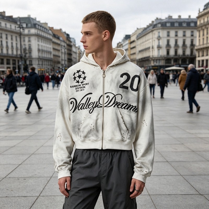 Washed Spray Dye Screen Print Zip Up Distress Hoodie
