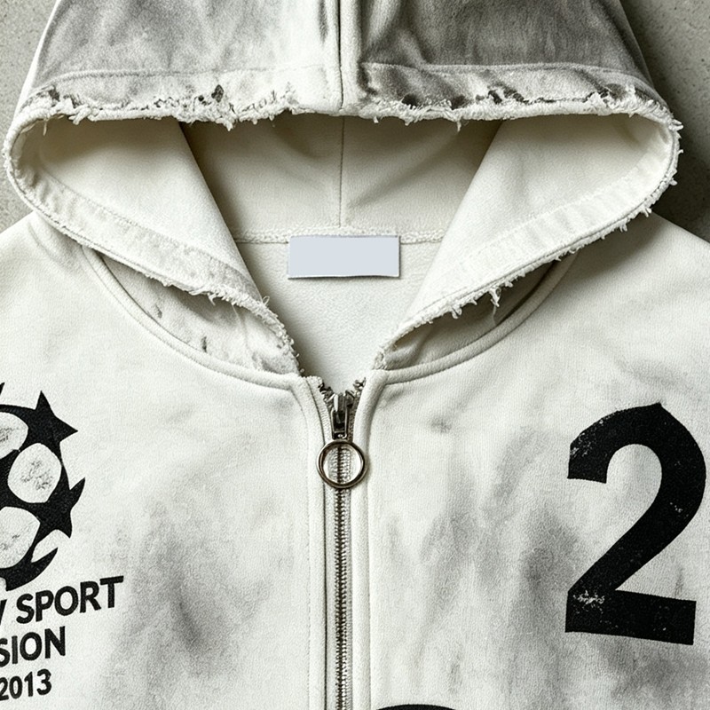 Washed Spray Dye Screen Print Zip Up Distress Hoodie