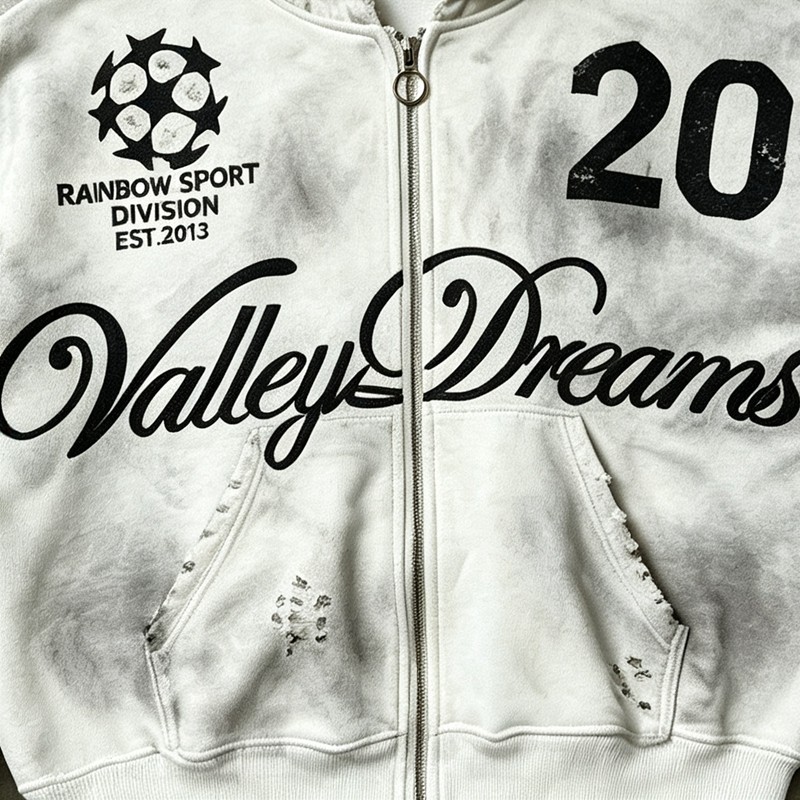Washed Spray Dye Screen Print Zip Up Distress Hoodie