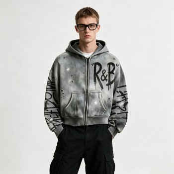 Washed Spray Dye Screen Print Zip Up Distress Hoodie | Graffiti Drip Print Ripped Cropped Fit | Custom Streetwear
