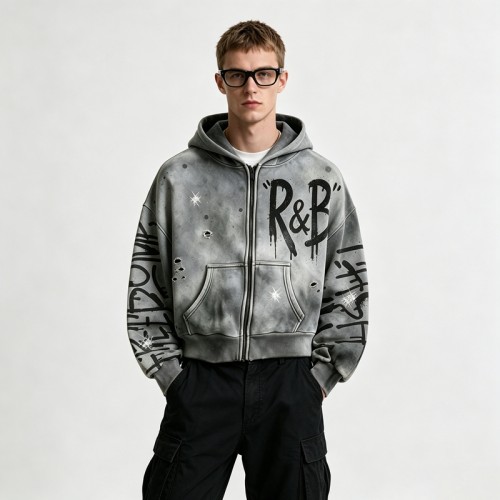 Washed Spray Dye Screen Print Zip Up Distress Hoodie | Graffiti Drip Print Ripped Cropped Fit | Custom Streetwear