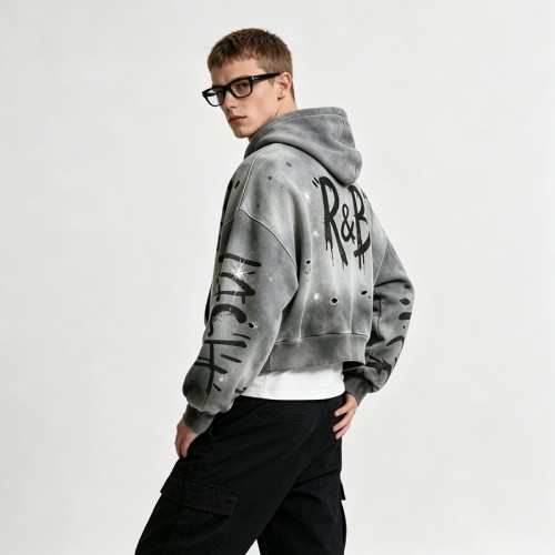 Washed Spray Dye Screen Print Zip Up Distress Hoodie | Graffiti Drip Print Ripped Cropped Fit | Custom Streetwear