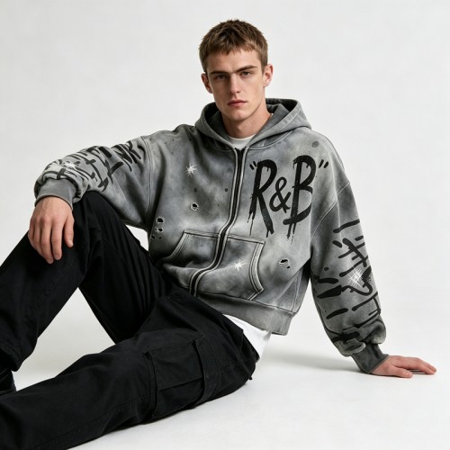 Washed Spray Dye Screen Print Zip Up Distress Hoodie | Graffiti Drip Print Ripped Cropped Fit | Custom Streetwear