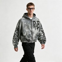Washed Spray Dye Screen Print Zip Up Distress Hoodie | Graffiti Drip Print Ripped Cropped Fit | Custom Streetwear