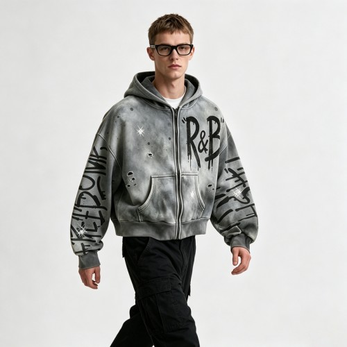 Washed Spray Dye Screen Print Zip Up Distress Hoodie | Graffiti Drip Print Ripped Cropped Fit | Custom Streetwear