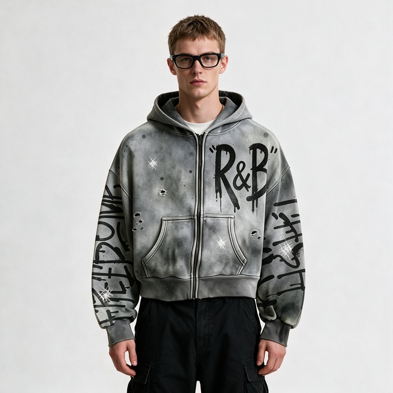 Washed Spray Dye Screen Print Zip Up Distress Hoodie