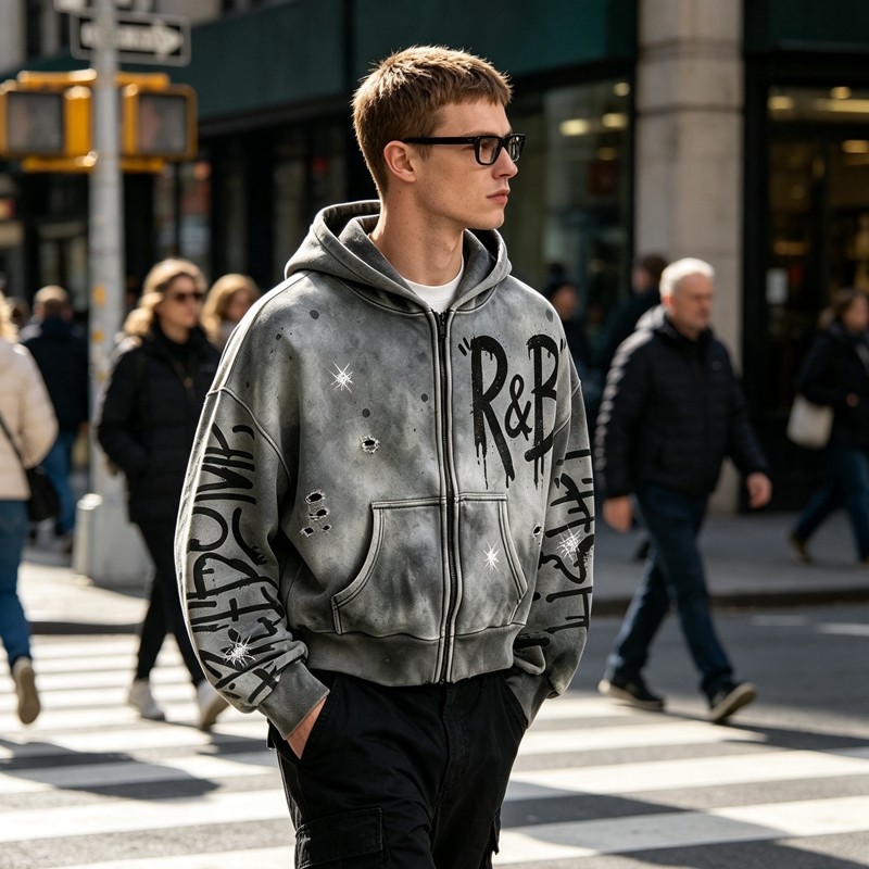 Washed Spray Dye Screen Print Zip Up Distress Hoodie