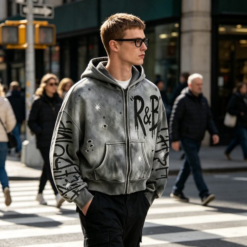 Washed Spray Dye Screen Print Zip Up Distress Hoodie | Graffiti Drip Print Ripped Cropped Fit | Custom Streetwear