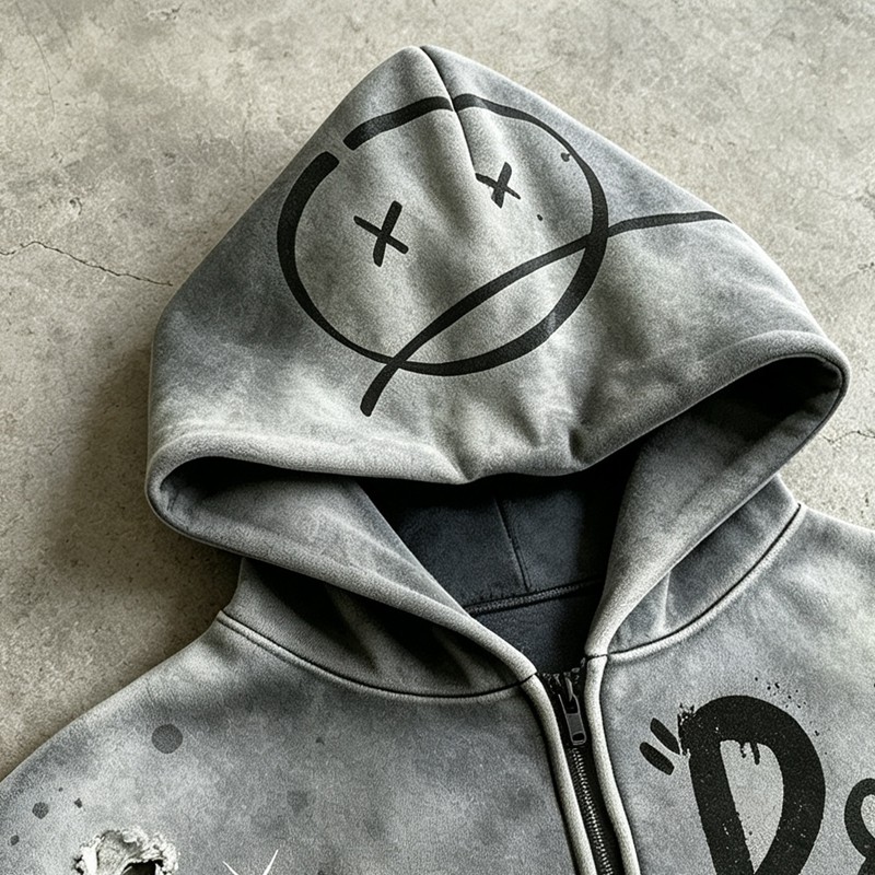 Washed Spray Dye Screen Print Zip Up Distress Hoodie