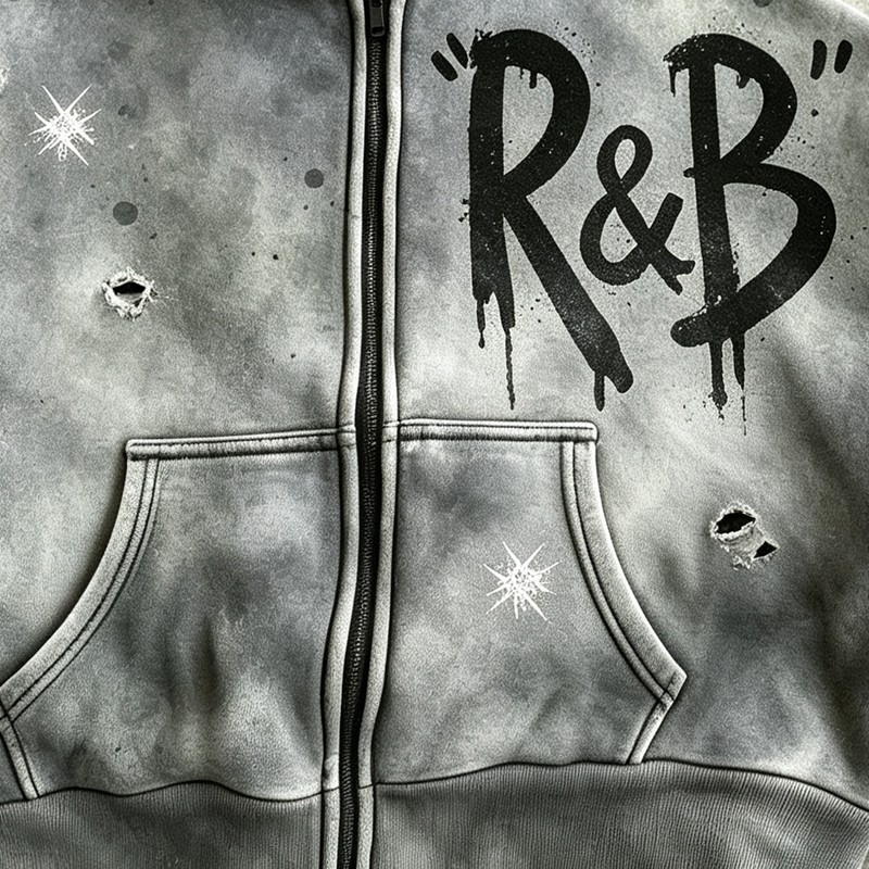 Washed Spray Dye Screen Print Zip Up Distress Hoodie
