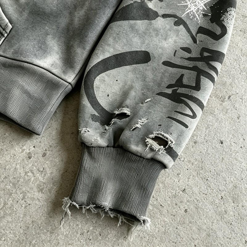 Washed Spray Dye Screen Print Zip Up Distress Hoodie