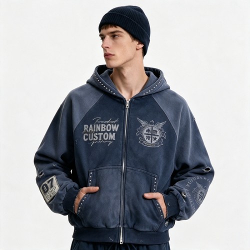 Distress Washed Hoodie with DTG Print Rhinestone | Applique Ripped Vintage Washed Style | OEM Streetwear