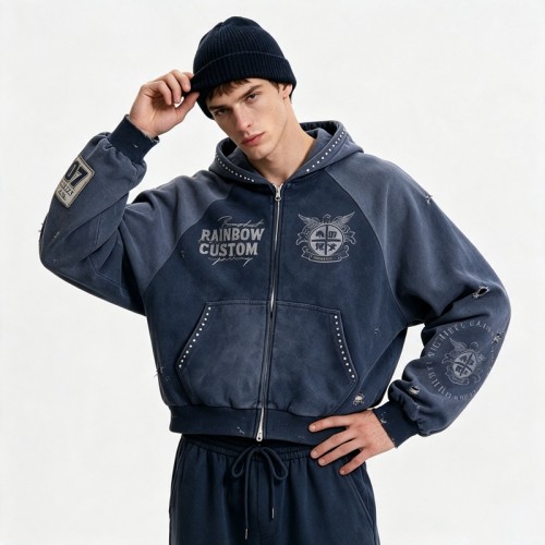 Distress Washed Hoodie with DTG Print Rhinestone | Applique Ripped Vintage Washed Style | OEM Streetwear