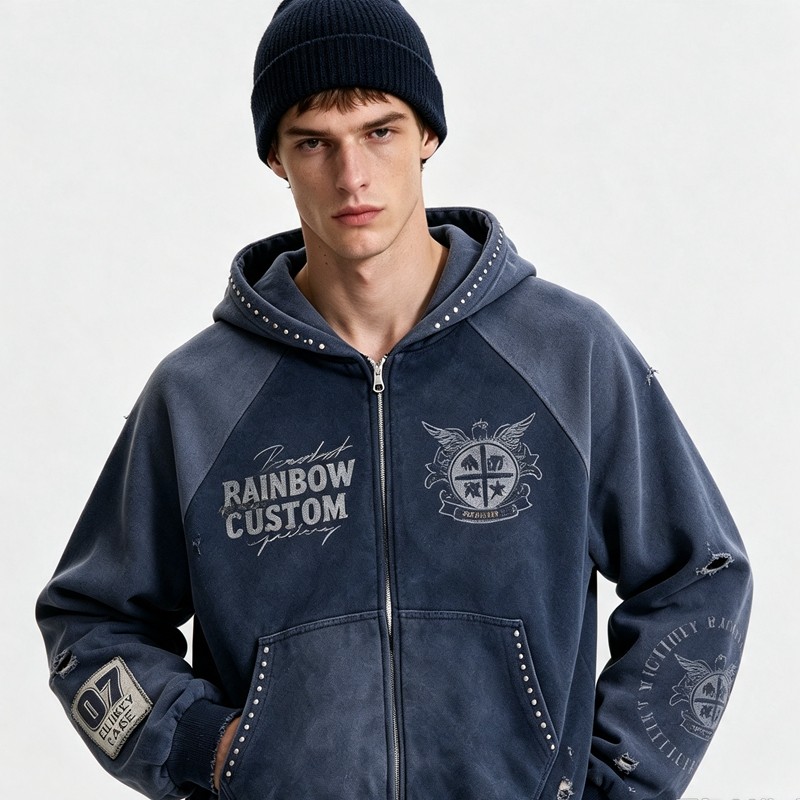 Distress Washed Hoodie with DTG Print Rhinestone