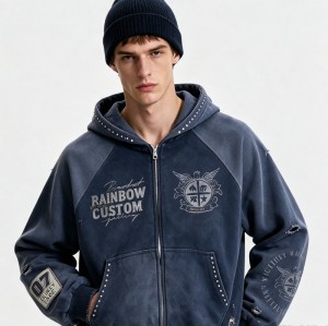 Distress Washed Hoodie with DTG Print Rhinestone | Applique Ripped Vintage Washed Style | OEM Streetwear