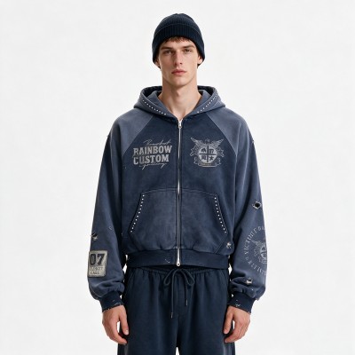 Distress Washed Hoodie with DTG Print Rhinestone | Applique Ripped Vintage Washed Style | OEM Streetwear