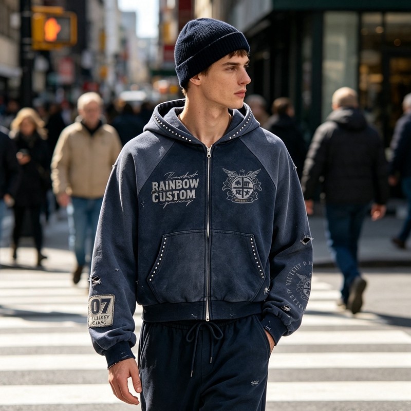 Distress Washed Hoodie with DTG Print Rhinestone