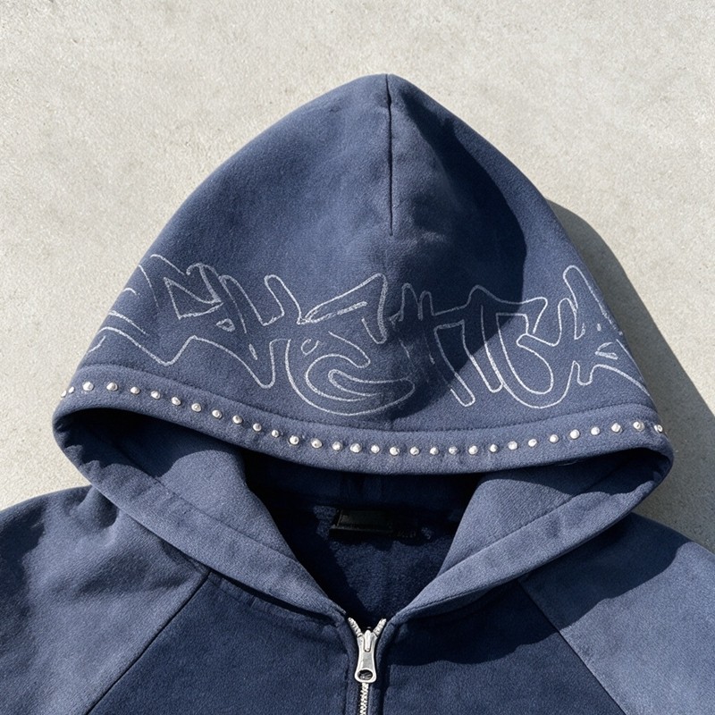 Distress Washed Hoodie with DTG Print Rhinestone