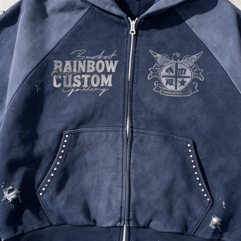 Distress Washed Hoodie with DTG Print Rhinestone