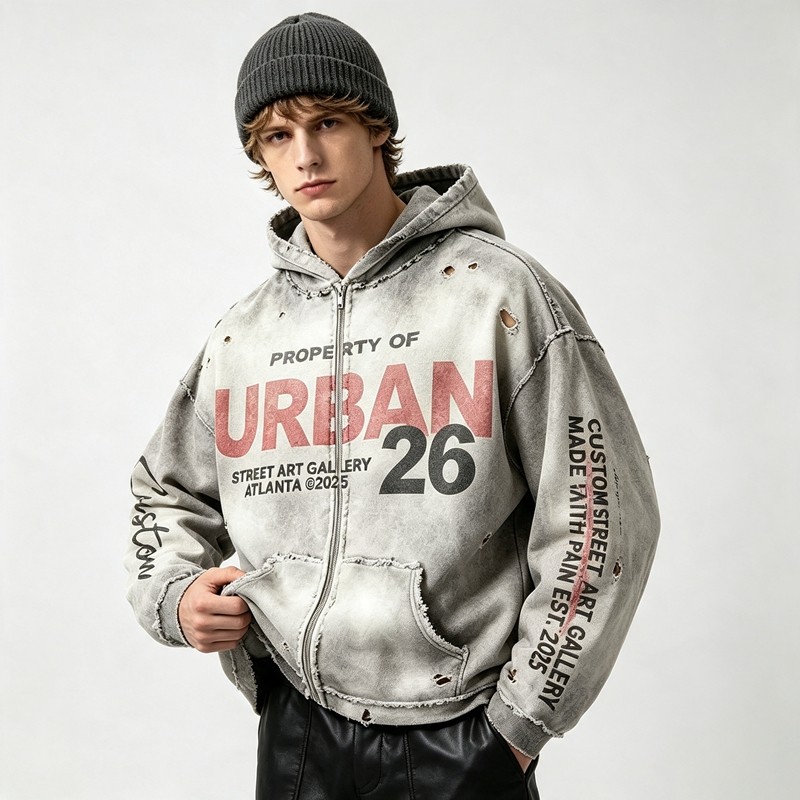 Distress Ripped Hoodie with Washed Spray Dye DTG Print