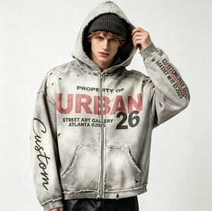Distress Ripped Hoodie with Washed Spray Dye DTG Print | Urban hip hop street daily wear | Custom Streetwear