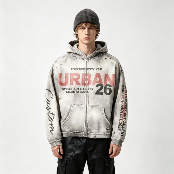 Distress Ripped Hoodie with Washed Spray Dye DTG Print | Urban hip hop street daily wear | Custom Streetwear