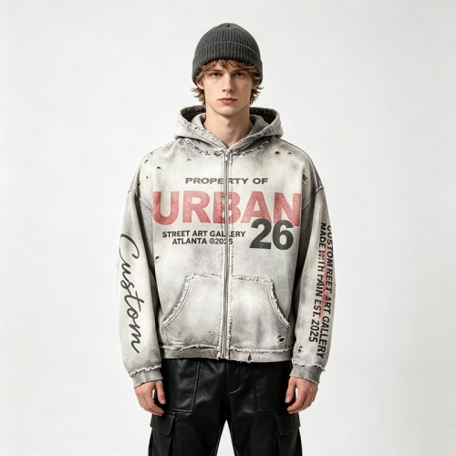 Distress Ripped Hoodie with Washed Spray Dye DTG Print | Urban hip hop street daily wear | Custom Streetwear