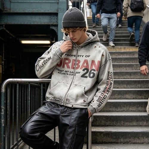 Distress Ripped Hoodie with Washed Spray Dye DTG Print | Urban hip hop street daily wear | Custom Streetwear