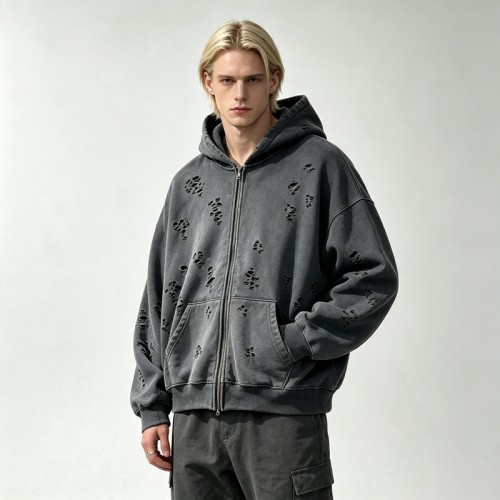 All Over Ripped Distress Washed Zip Up Hoodie | Grunge punk casual streetwear | Streetwear Manufacturer