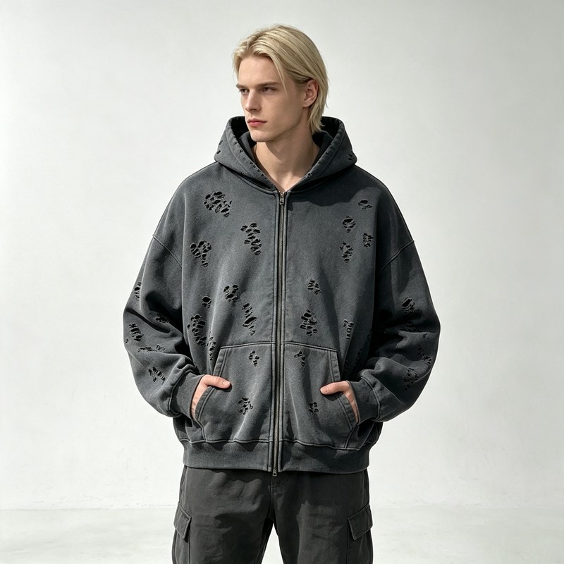 All Over Ripped Distress Washed Zip Up Hoodie