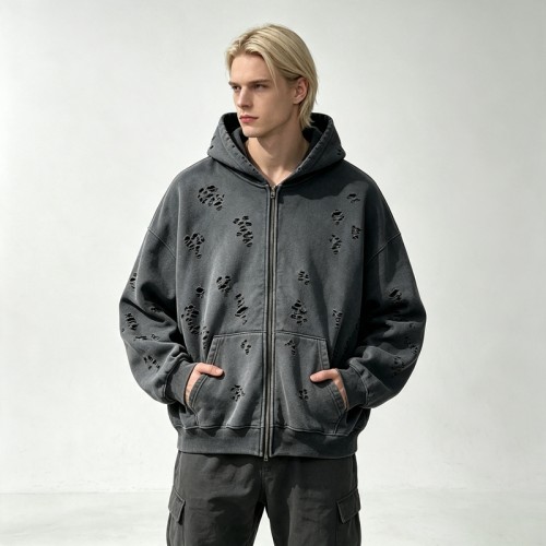 All Over Ripped Distress Washed Zip Up Hoodie | Grunge punk casual streetwear | Streetwear Manufacturer