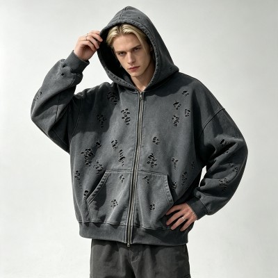 All Over Ripped Distress Washed Zip Up Hoodie | Grunge punk casual streetwear | Streetwear Manufacturer