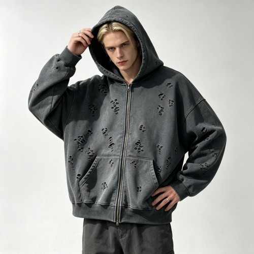 All Over Ripped Distress Washed Zip Up Hoodie | Grunge punk casual streetwear | Streetwear Manufacturer
