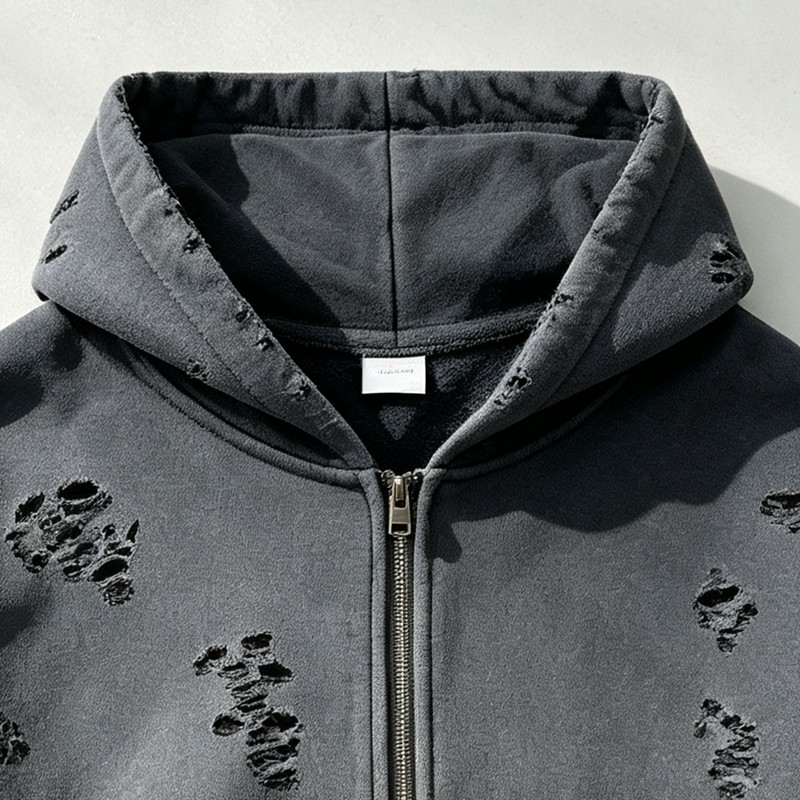 All Over Ripped Distress Washed Zip Up Hoodie