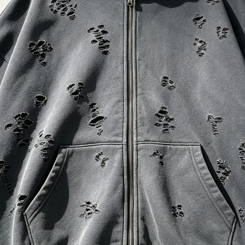 All Over Ripped Distress Washed Zip Up Hoodie