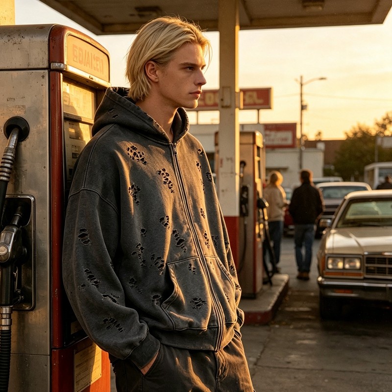 All Over Ripped Distress Washed Zip Up Hoodie