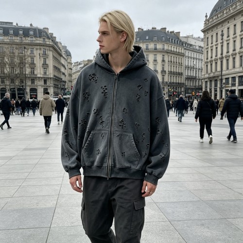 All Over Ripped Distress Washed Zip Up Hoodie | Grunge punk casual streetwear | Streetwear Manufacturer
