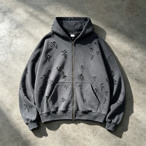 All Over Ripped Distress Washed Zip Up Hoodie | Grunge punk casual streetwear | Streetwear Manufacturer