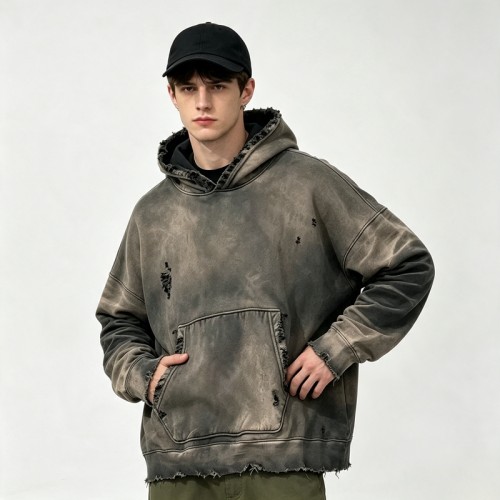 Distress Washed Hoodie with Ripped Raw Edge | Grunge dark street casual wear | Custom Streetwear