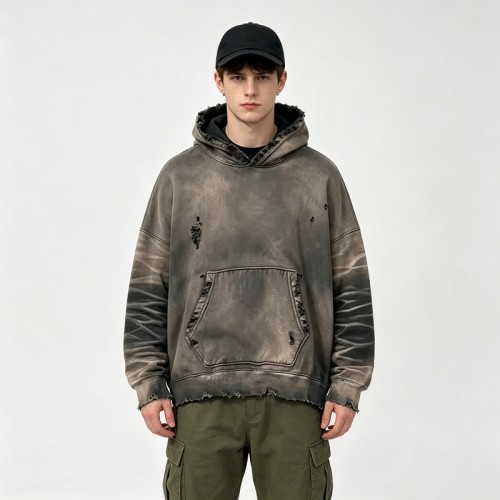 Distress Washed Hoodie with Ripped Raw Edge | Grunge dark street casual wear | Custom Streetwear