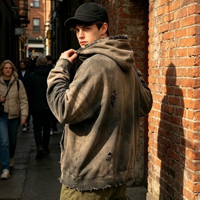 Distress Washed Hoodie with Ripped Raw Edge | Grunge dark street casual wear | Custom Streetwear