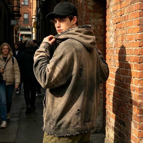 Distress Washed Hoodie with Ripped Raw Edge | Grunge dark street casual wear | Custom Streetwear
