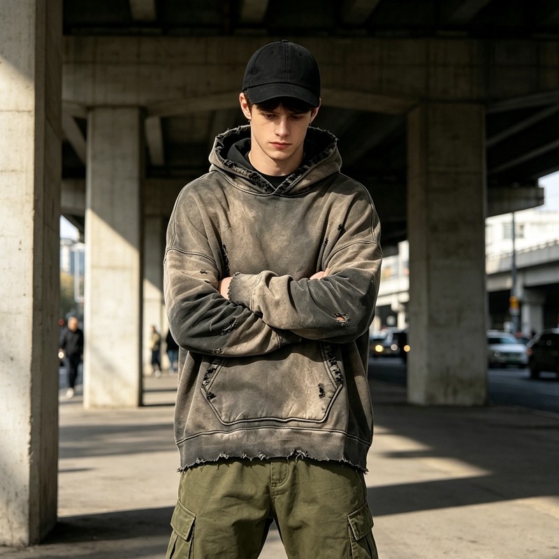 Distress Washed Hoodie with Ripped Raw Edge