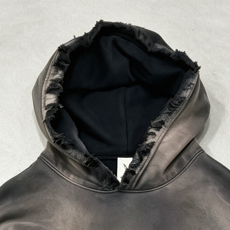 Distress Washed Hoodie with Ripped Raw Edge