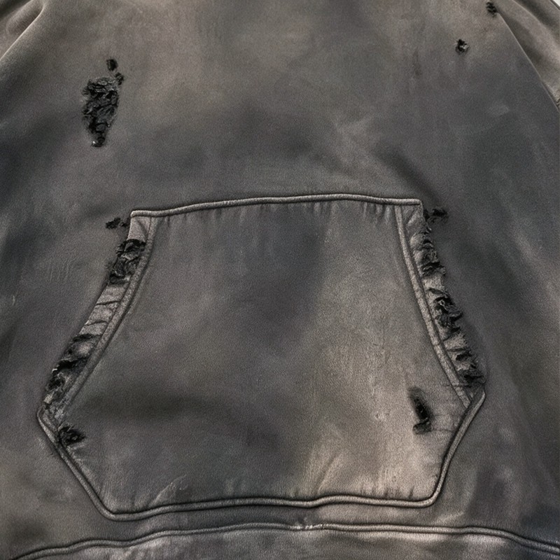 Distress Washed Hoodie with Ripped Raw Edge