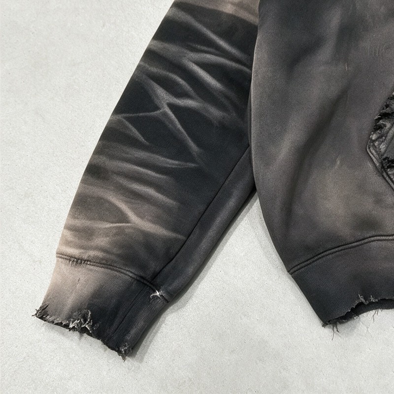 Distress Washed Hoodie with Ripped Raw Edge